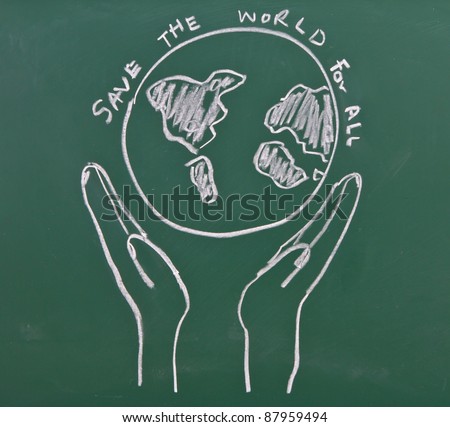 Drawing of hands hold earth on chalkboard