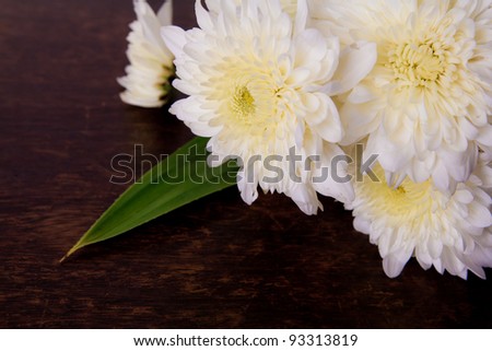 White  flowers with leaf on  wood floor