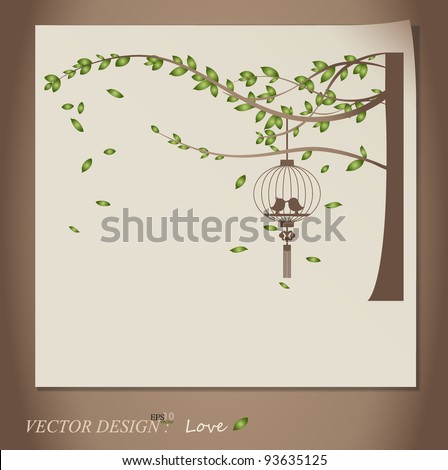stock vector Valentine background with tree bird and bird cage