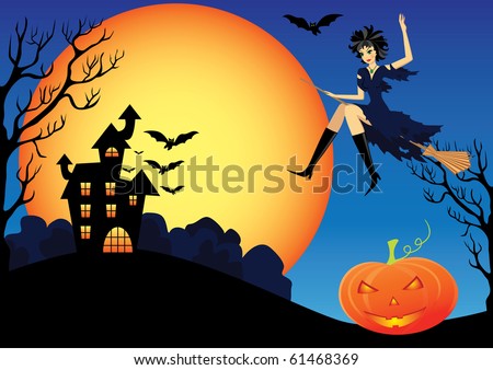 Halloween background with witch, night, moon, castle and bats