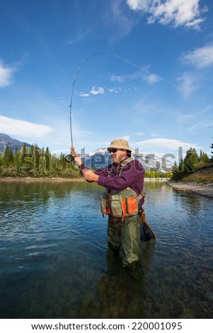 fisherman casting a fly in a mountain river.