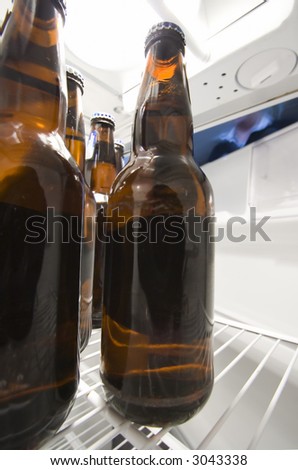 Bottles of beer from inside a fridge