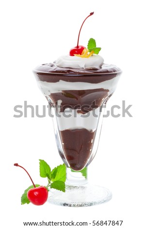 A layered chocolate sundae, with whipped cream and cherries  On a white background.