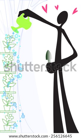 shadow man watering flower only on top one time but all flower have drink water in his small plant cartoon symbol design
