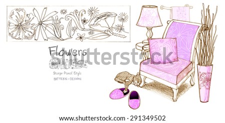 Pattern Petal decor and furniture product pencil freehand sketch design for you item set