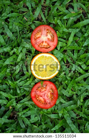 Two fresh tomatoes sliced and one fresh orange sliced on the lawn.