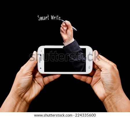 Hand holding white smartphone with hand write.