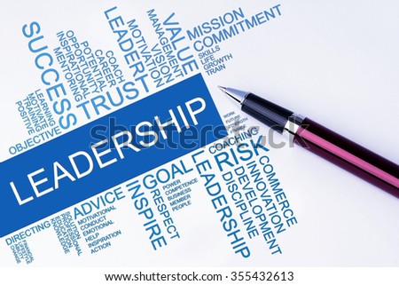 The words Leadership text cloud with a pen on isolated white background. Business concept text cloud.