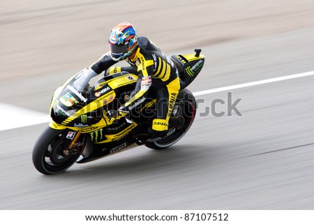 SEPANG, MALAYSIA -OCT 21: Monster Yamaha Tech 3 MotoGP rider Colin Edwards during a free practice session on October 21, 2011 at Sepang, Malaysia. The Malaysian Grand Prix will take place on Oct 23.