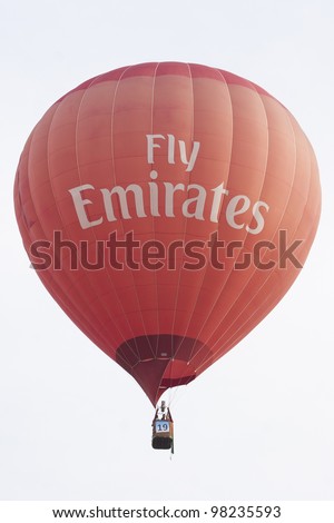 PUTRAJAYA-MARCH 18: Frank Wecther (USA) with Fly Emirates balloon at the 4th Putrajaya International Hot Air Balloon Fiesta on March 18, 2012 in Putrajaya, Malaysia.