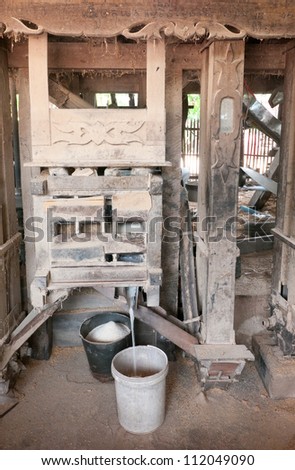 Old village rice mill in rural Cambodia, removing the chaff, bran and germ to produce white rice.