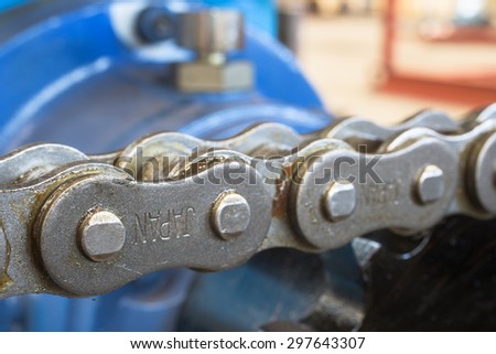 Extreme close-up of chain. Very shallow depth of field with only a part of the nearest chain link in focus.