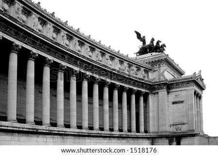The monument over King Vittorio Emanuelle II in Rome, Italy. Black and white, isolated.