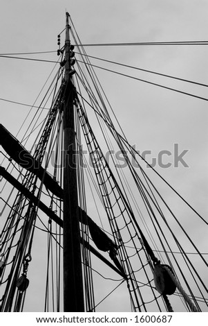 Silhouette of rig on old sailing ship, grayscale