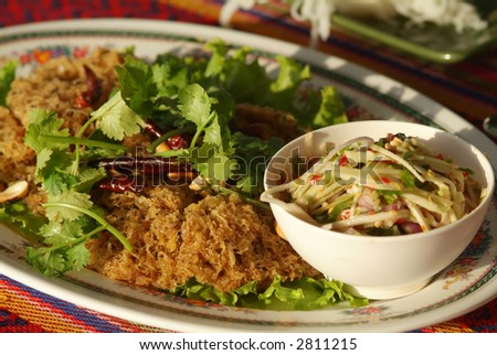 Traditional Thai food, fried, spicy, minced catfish salad, yam pla duk foo