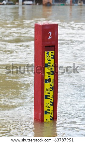 Water level indicator in a flooded river through Nakhon Ratchasima in Thailand.