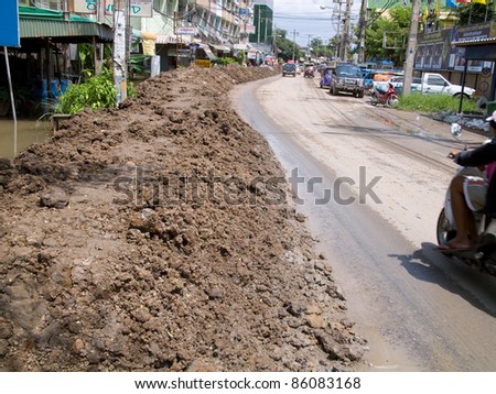 AYUTTAYA, THAILAND - OCTOBER 5: Street with temporary flood barrier made from mud during the monsoon season in Ayuttaya, Thailand on October 5, 2011.