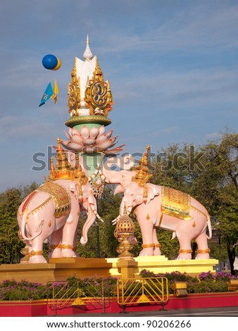Street decoration in Bangkok with three Erawan three-headed elephants to celebrate the 84th birthday of H.M. King Bhumipol Adulyadej on 5 December 2011.