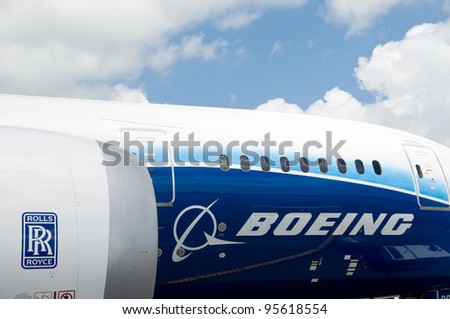 SINGAPORE - FEBRUARY 12: Detail of Boeing 787 Dreamliner with Rolls Royce engine at Singapore Airshow in Singapore on February 12, 2012.