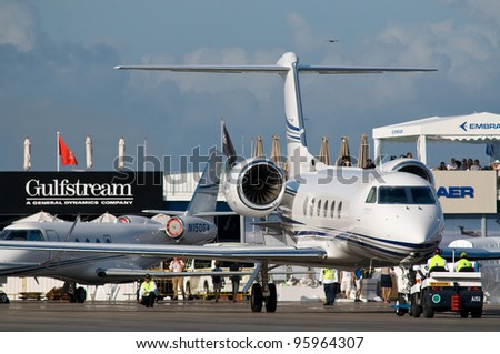SINGAPORE - FEBRUARY 12: Gulfstream G150 and G450 corporate jets at Singapore Airshow in Singapore on February 12, 2012.