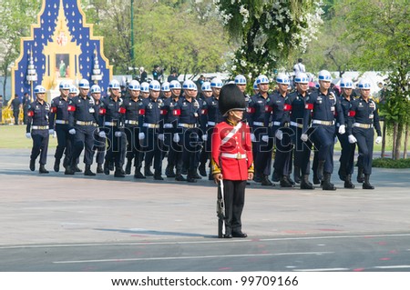 BANGKOK - APRIL 9: Soldiers on guard duty at Sanam Luang during the royal funeral of Her Royal Highness Princess Bejaratana on April 9, 2012 in Bangkok, Thailand.