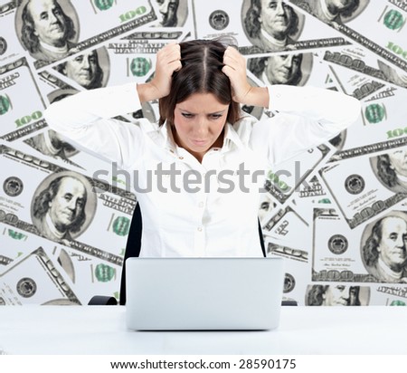 Financial crisis concept by businesswoman over dollar background.