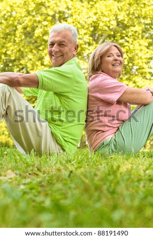 Happy senior couple sitting on grass back to back.
