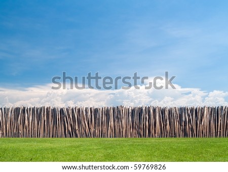 Bamboo wall between beautiful cloud and field of green meadow
