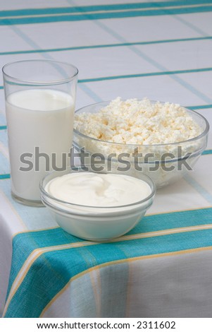 Milk, sour cream and cottage cheese in glass on check tablecloth