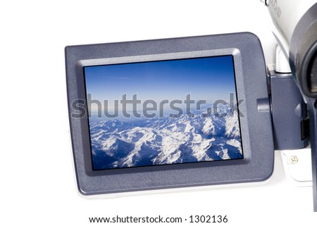 Picture of alp mountains on camera\'s LCD screen