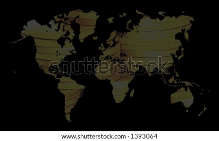 Pixelated world map, gold colors, over black