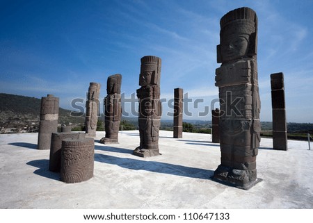 Toltec warriors. Ancient ruins of Tula de Allende, home of the Atlantean figures and  the characteristic chacmools. In the state of Hidalgo, Mexico.