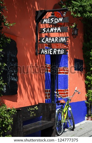 COYOACAN, MEXICO - OCT 27: Many small restaurants are in the neighborhood of Coyoacan in Mexico City that keep the decor and the traditional colors of this culture. Coyoacan, Mexico on Oct 27, 2012.