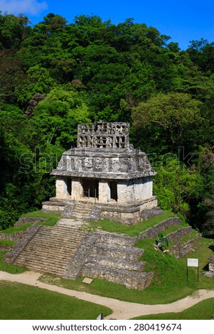 Ancient ruins in the Mayan city of Palenque Chiapas, Mexico. Sun Temple.