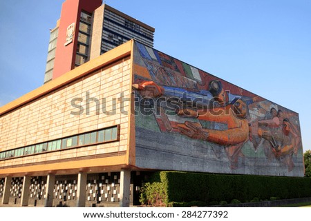 MEXICO CITY, MEXICO - APR, 25, 2015: The Rectoria building, Universidad Nacional Autonoma de Mexico, UNAM,  UNESCO World Heritage Site. Murals by Juan O\'gorman. Mexico City, Mexico on APR, 25, 2015.
