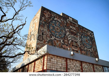 MEXICO CITY, MEXICO - APR, 25, 2015: Main library, Universidad Nacional Autonoma de Mexico, UNAM,  UNESCO World Heritage Site. Murals by Juan O\'gorman. Mexico City, Mexico on APR, 25, 2015.