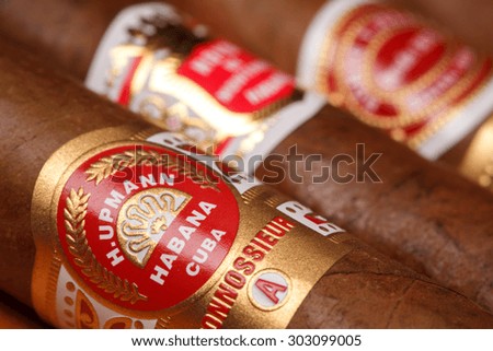 Ciudad de Mexico, Mexico - August 1, 2015: Cuban Cigars.  All cigar production in Cuba is controlled by the Cuban government, and each brand may be rolled in several different factories in Cuba.
