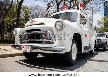 MEXICO CITY, MEXICO - APR, 04, 2015: Vintage ambulance from mexican red cross in exhibition in the streets of Mexico City. Mexico City, Mexico on Apr, 04, 2015.