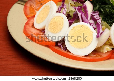 Salad with lettuce; egg; tomato; onion and  spinach.