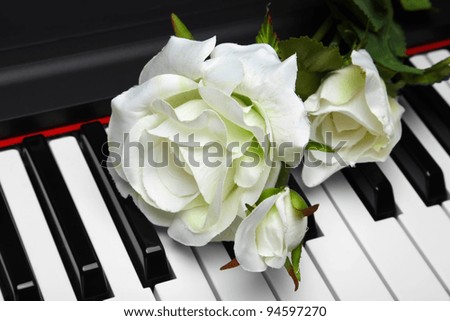Artificial white rose on piano keyboard. Very shallow depth of field.