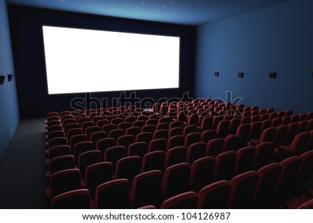 Inside of the cinema. Several empty seats waiting the movie on the white screen. Your text or picture on the white screen.