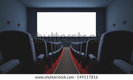 Inside of the cinema. Several empty seats waiting the movie on the screen. Your text or picture on the white screen.