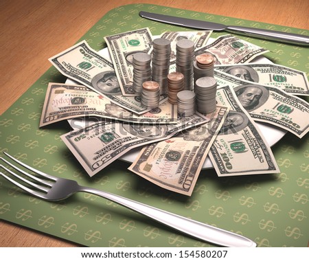 Dinner time with American money on the plate.