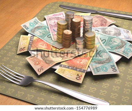 Dinner time with Brazilian money on the plate.