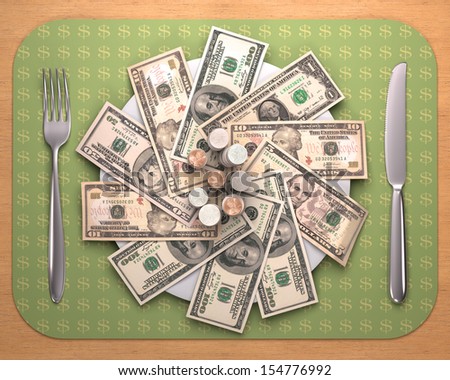 Dinner time with American money on the plate.