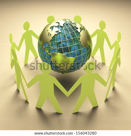 Planet Earth At The Center Of Attention. Concept Of Ecology, Environmental Protection Or Business Concept, Teamwork Around The World.