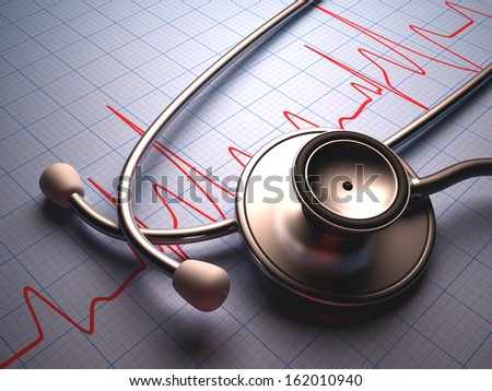 Stethoscope on a table with a heart graphic. Clipping path included.