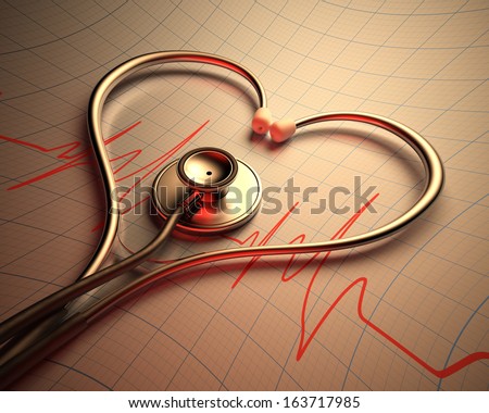 Stethoscope in shape of heart on a graph of the patient's heartbeat.