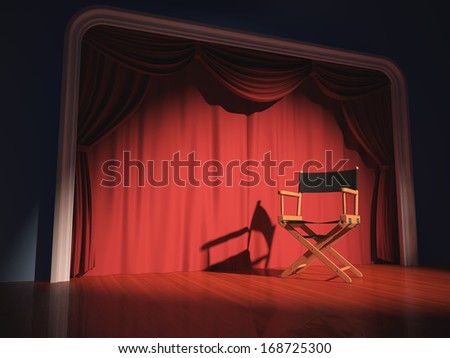 Director\'S Chair On The Stage Illuminated By Floodlights.