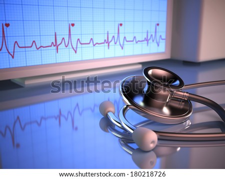 Stethoscope in front of the heartbeat monitor Stethoscope in front of the heartbeat monitor